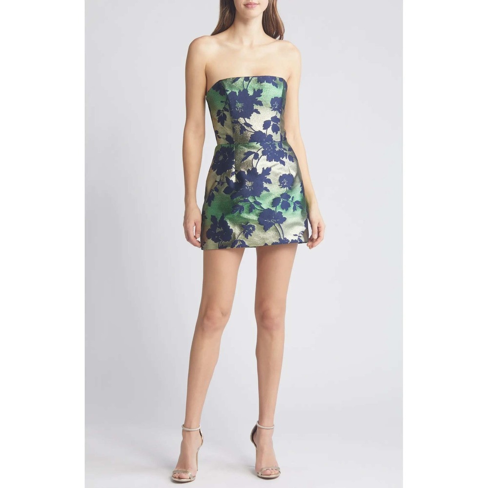 Katie May Valerie Metallic Floral Strapless Mini Dress Womens S Emerald Garden